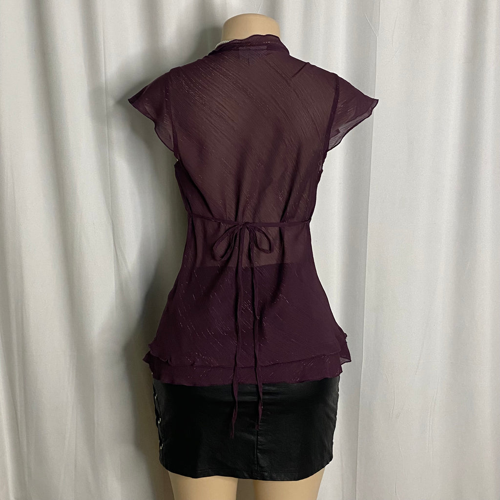 Vintage Plum Shimmer Chiffon Ruffle Wrap Blouse  Size S/M