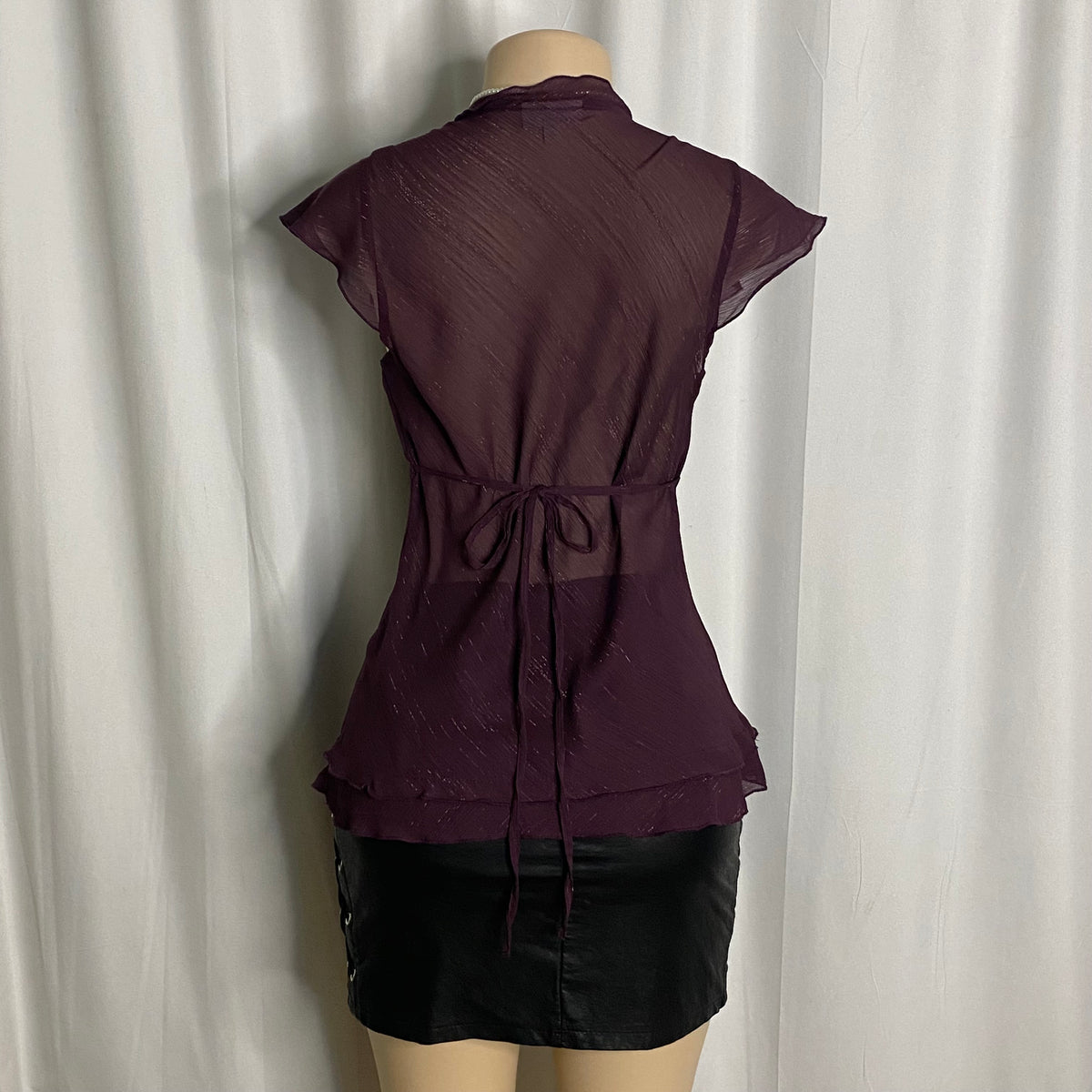 Vintage Plum Shimmer Chiffon Ruffle Wrap Blouse  Size S/M