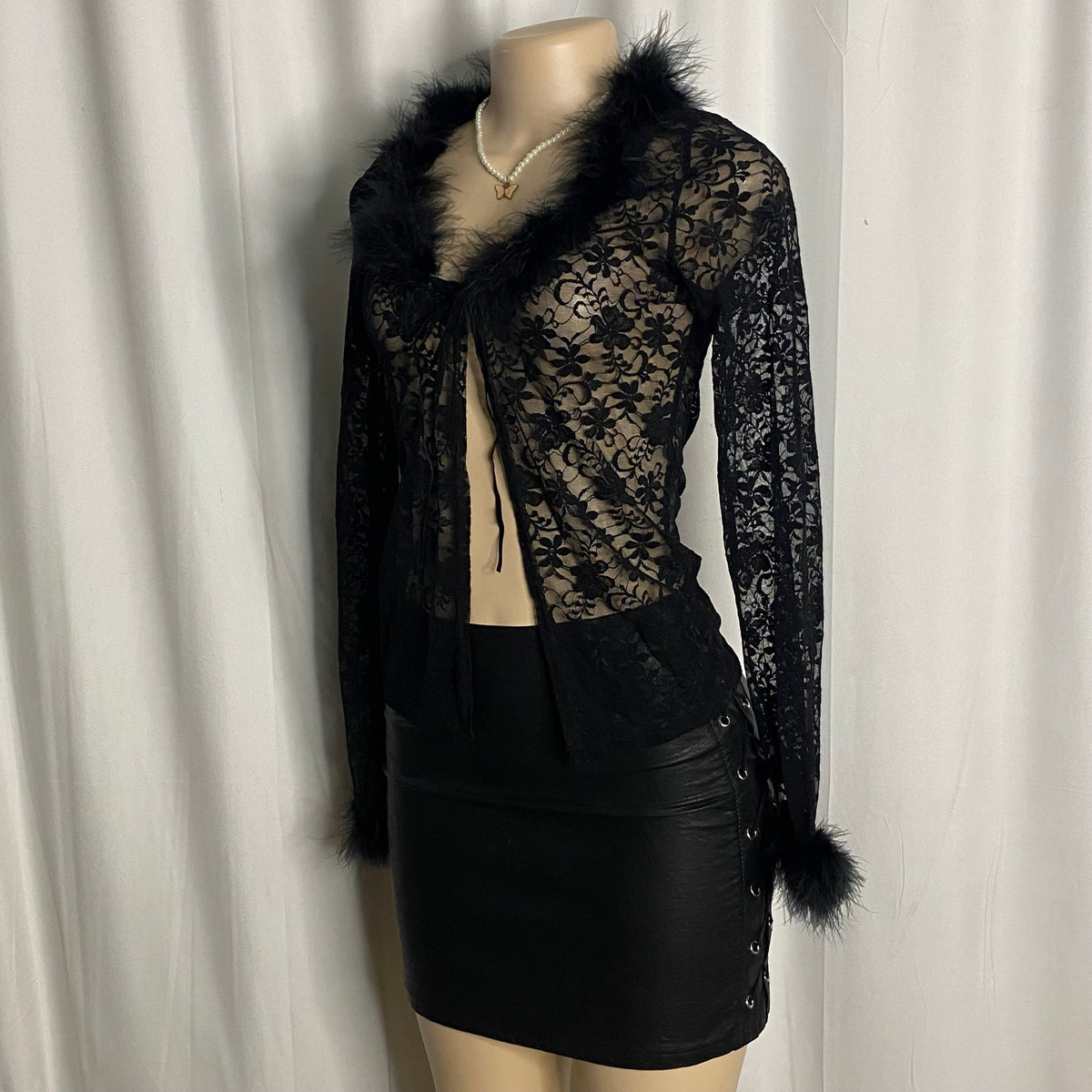 Faux Fur-Trimmed Sheer Floral Lace Cardigan  Size S