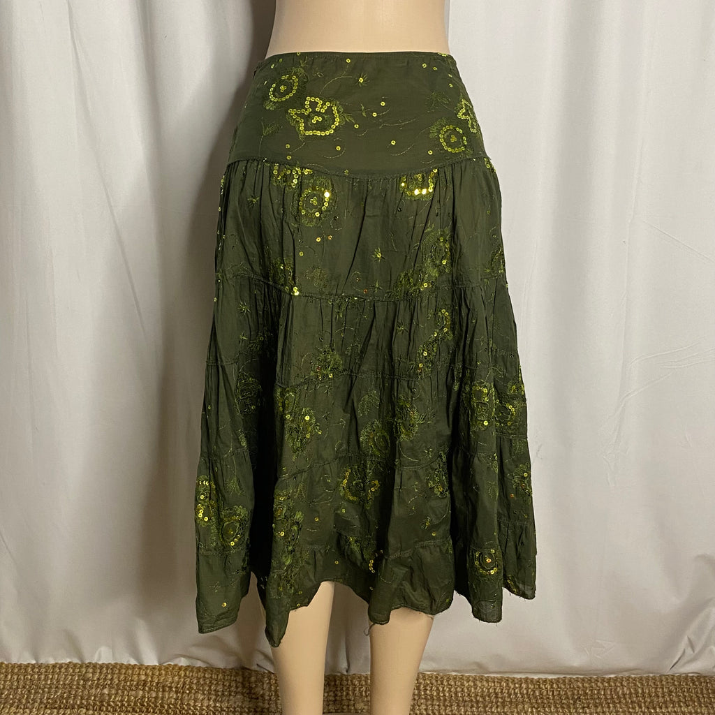 Vintage Olive Green Sequin Embroidered Tiered Midi Skirt  Size S/M