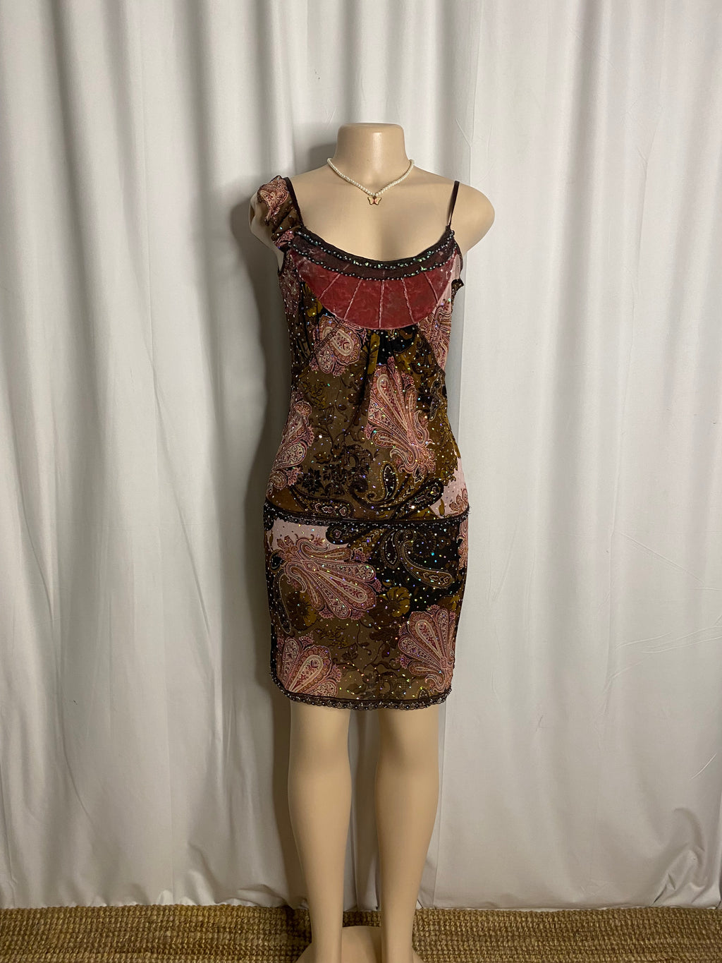 Y2K Earthy Paisley Sequined Asymmetrical Mini Dress  Size S