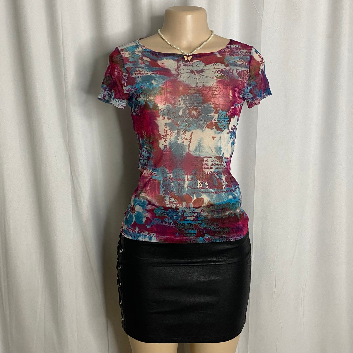 Vintage Graphic Text and Floral Print Mesh Baby Tee  Size S