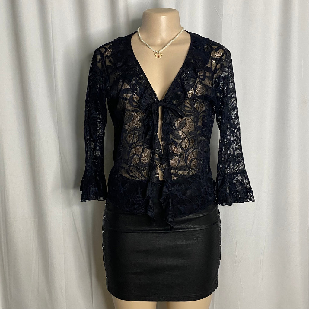 Ruffle-Trimmed Sheer Floral Lace Tie-Front Cardigan  Size S/M