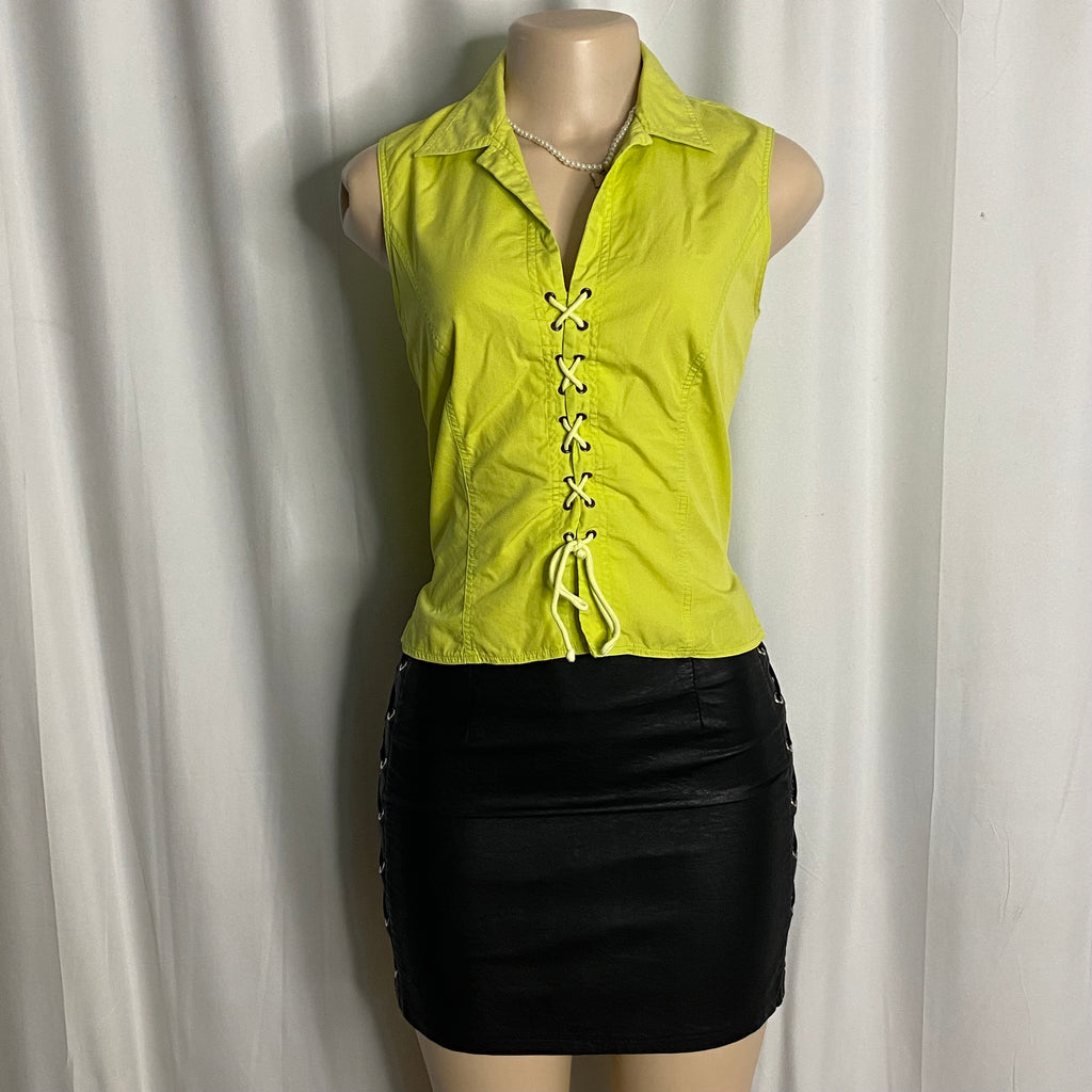 Y2K Lime Green Lace-Up Sleeveless Top Size M