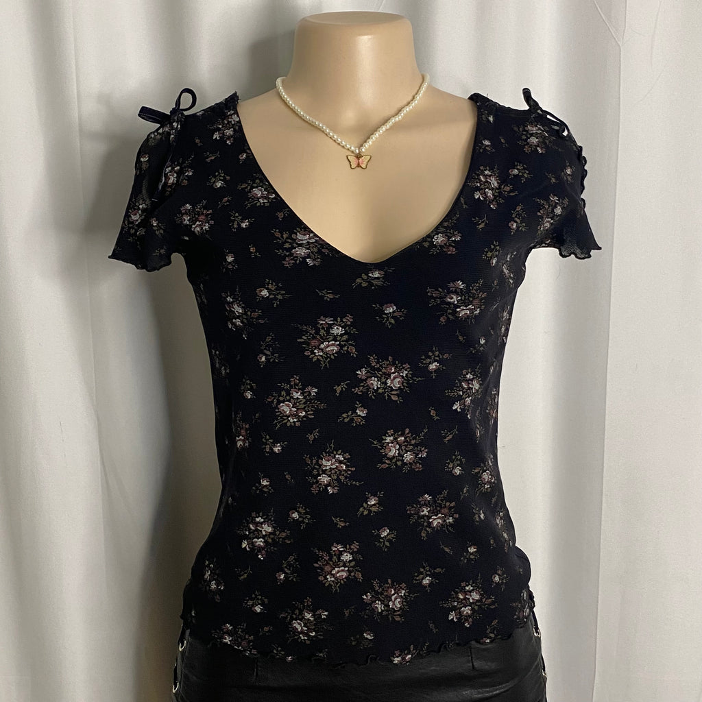 Floral Mesh V-Neck Top Size M