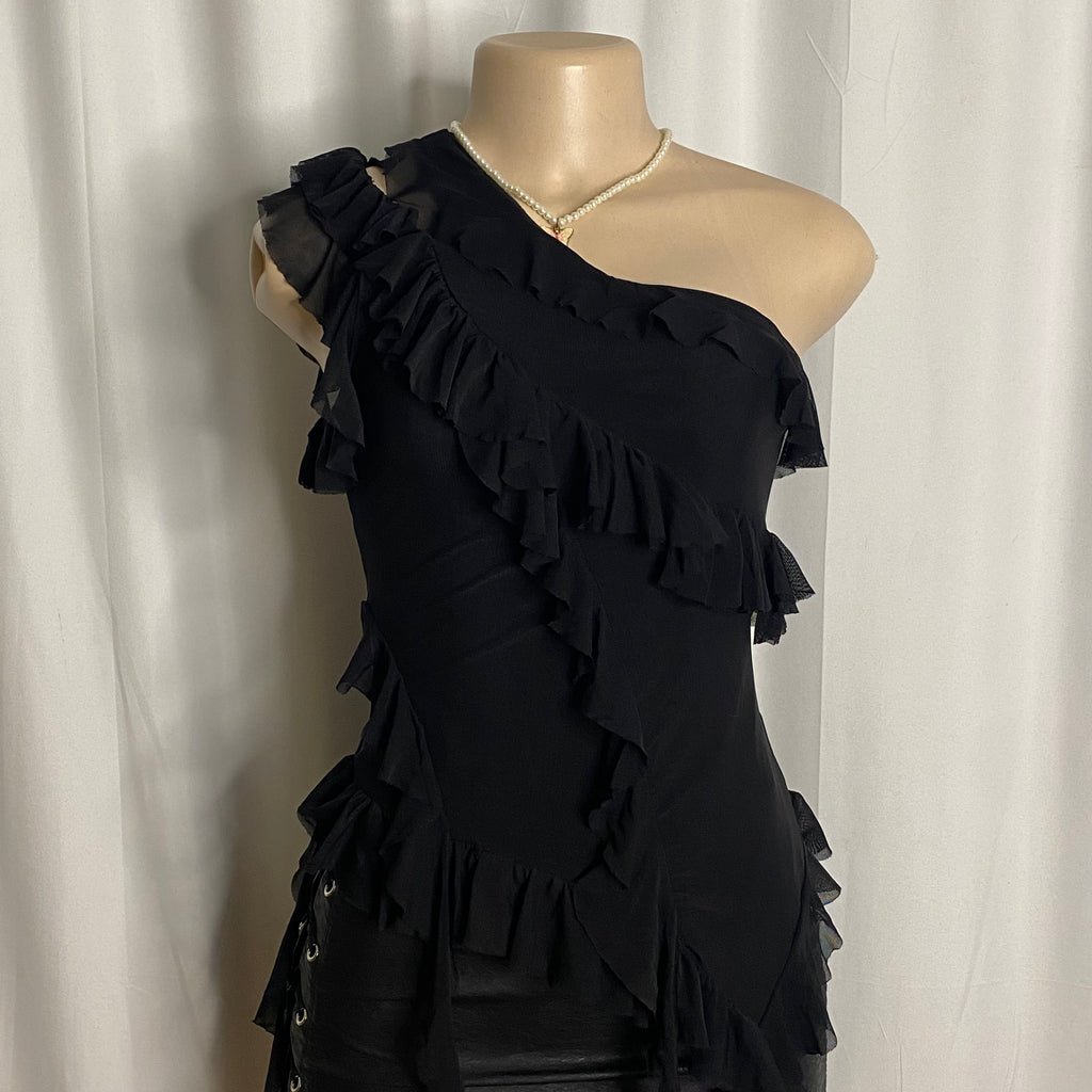 Vintage Black One-Shoulder Cascading Ruffle Top Size S
