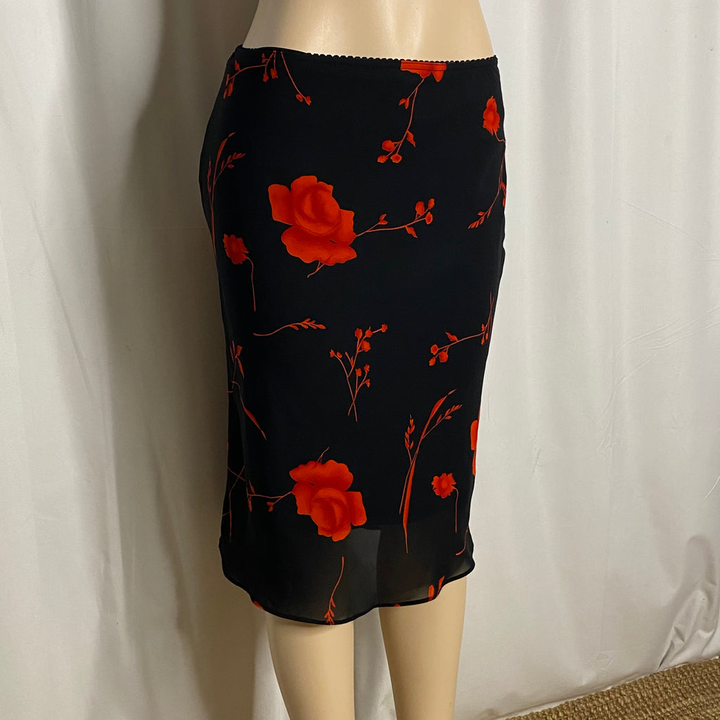Vintage Y2K Black & Red Floral Mesh Overlay Midi Skirt | Sheer Hem Rose Print Pencil Skirt  Size M