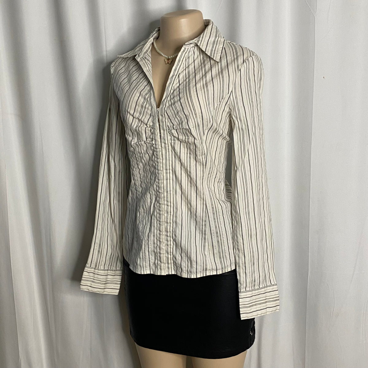 Y2K Striped Fitted Blouse with Ruching  Size L