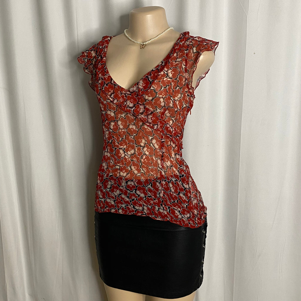 Vintage Red Floral Chiffon Ruffle Wrap Top Size M