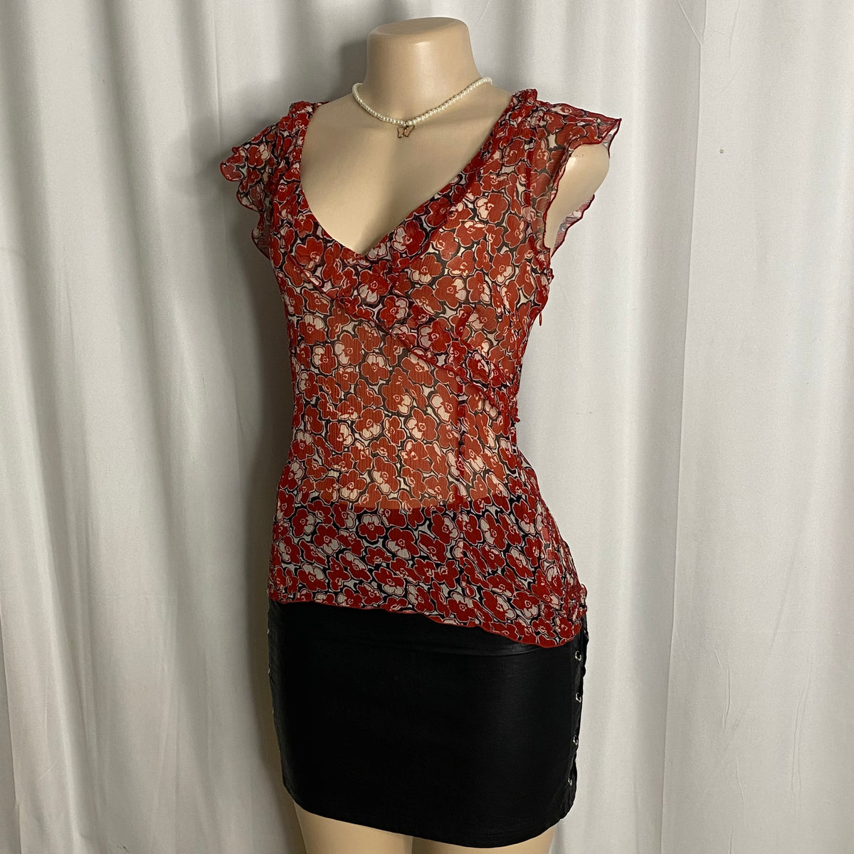 Vintage Red Floral Chiffon Ruffle Wrap Top Size M