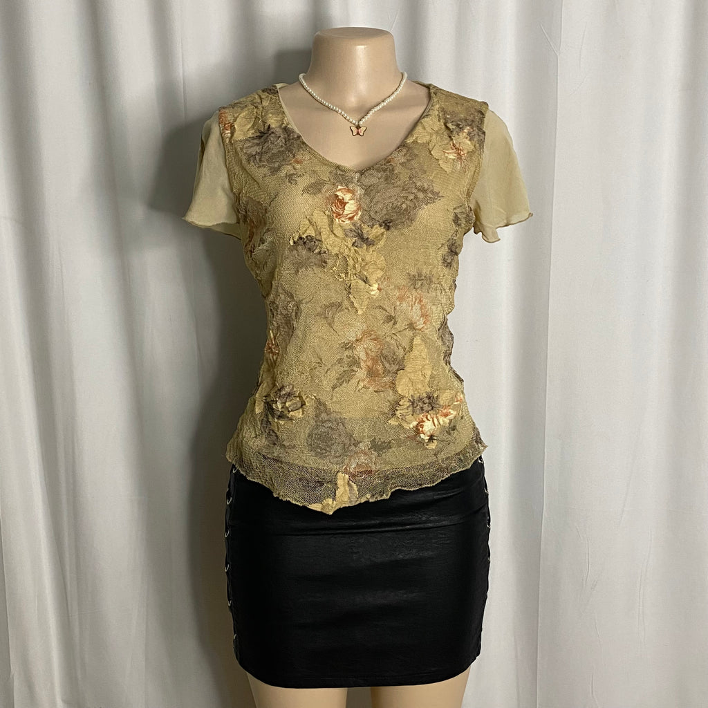 Vintage Distressed Textured Floral Mesh Blouse Size M