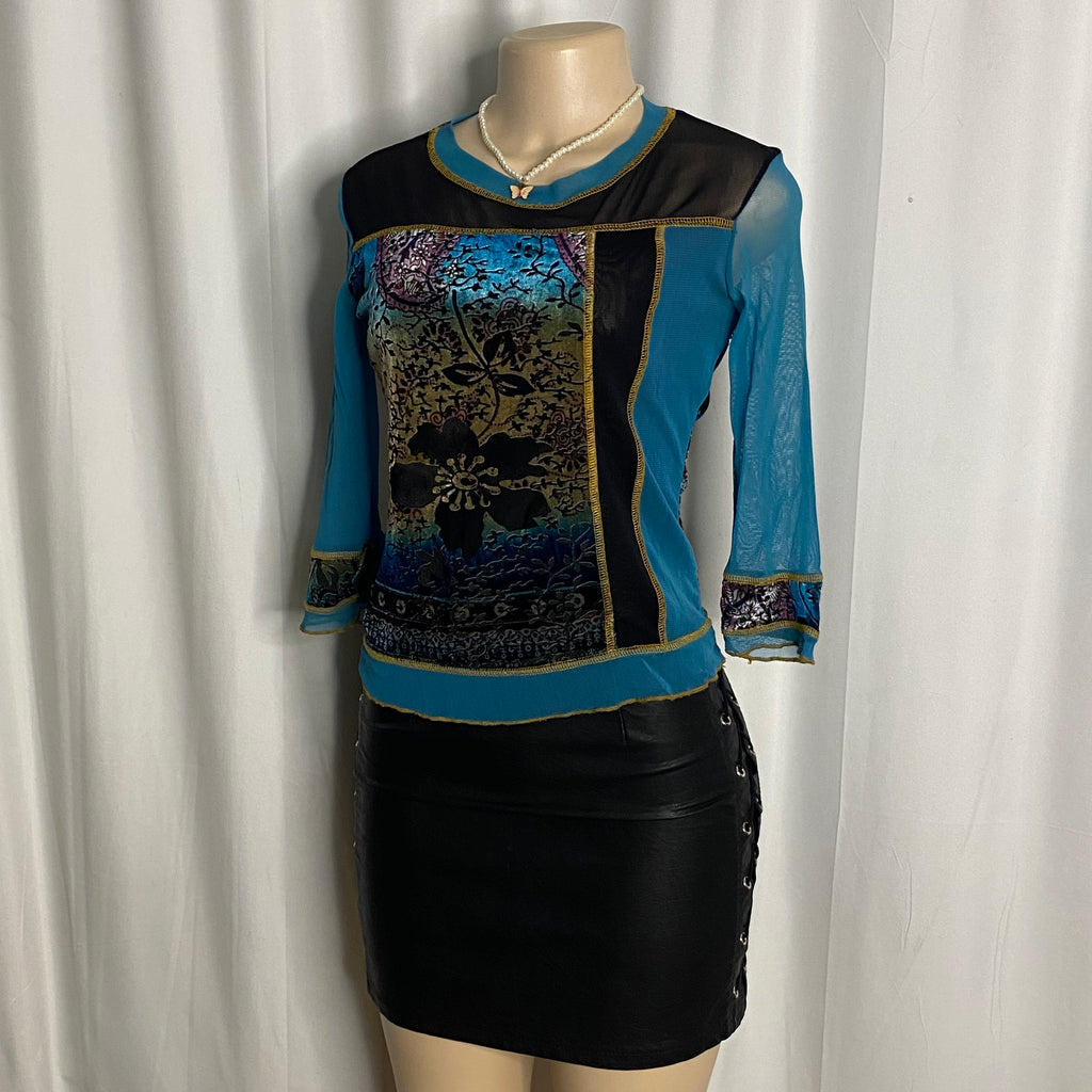 Color-Block Devoré Velvet and Mesh Patchwork Top  Size S