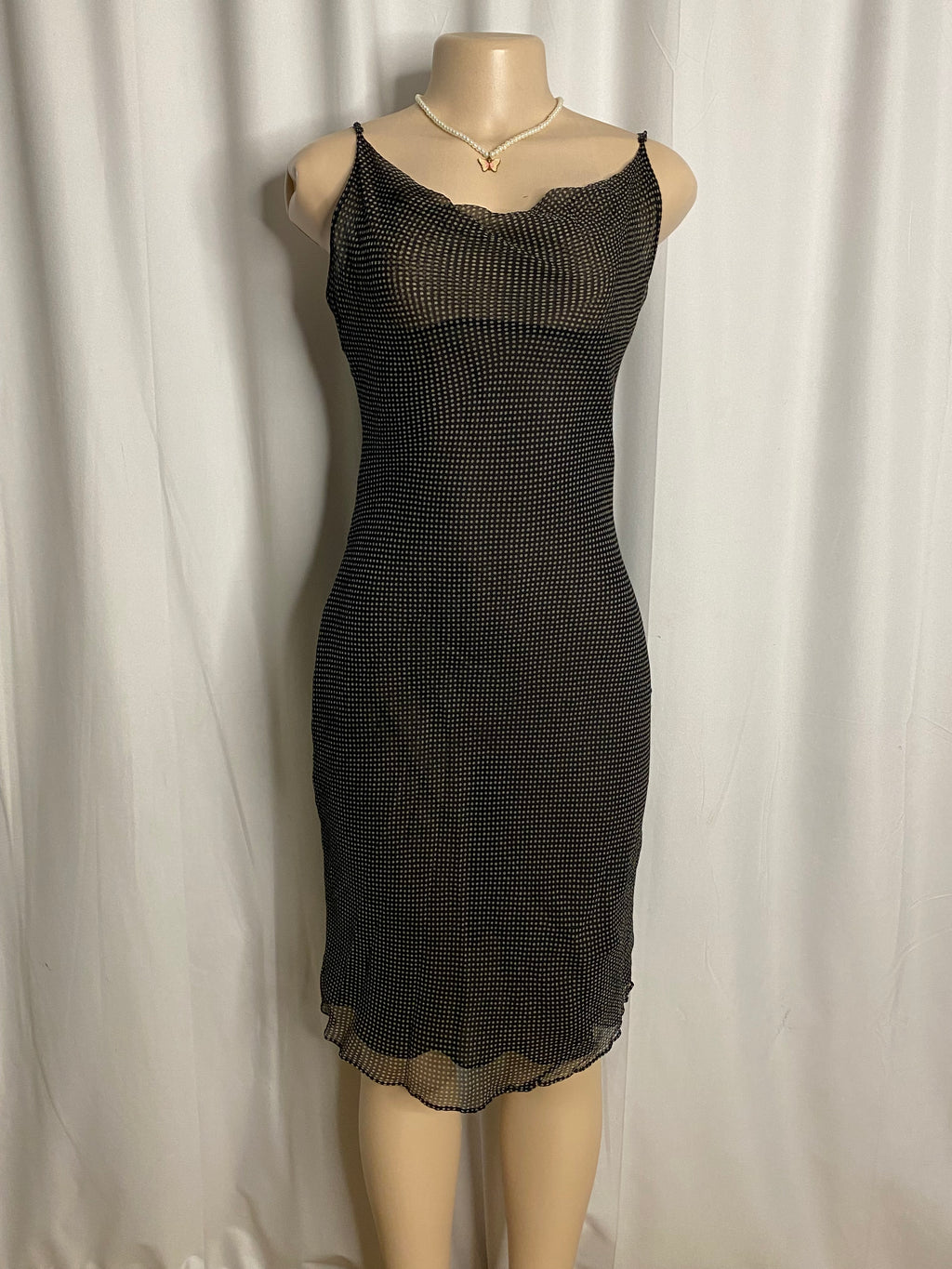 Y2K Black and White Polka Dot Cowl Neck Mesh Slip Dress  Size M