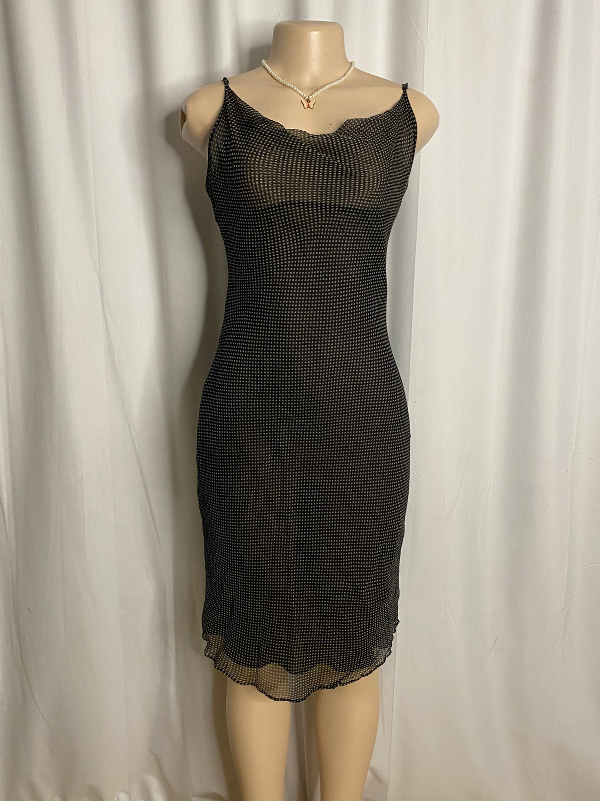 Y2K Black and White Polka Dot Cowl Neck Mesh Slip Dress  Size M