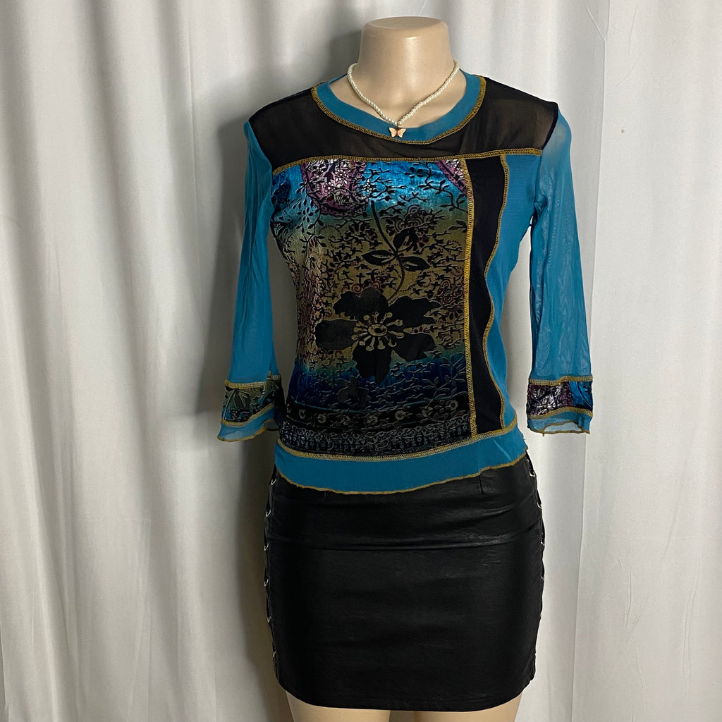 Color-Block Devoré Velvet and Mesh Patchwork Top  Size S