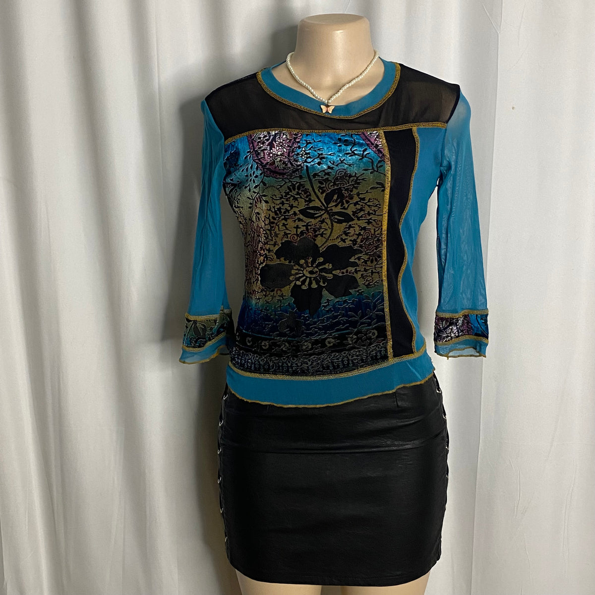 Color-Block Devoré Velvet and Mesh Patchwork Top  Size S