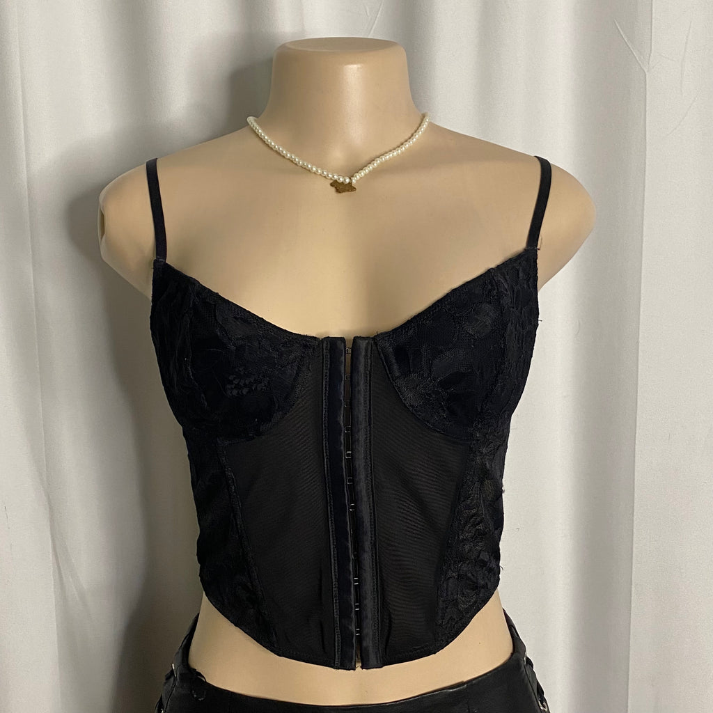 Midnight Black Mesh & Lace Corset Bustier Size M