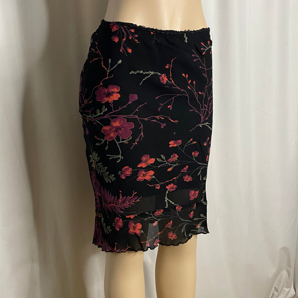 Y2K Black Pink Floral Print Mesh Overlay Knee-Length Skirt Size XS/S