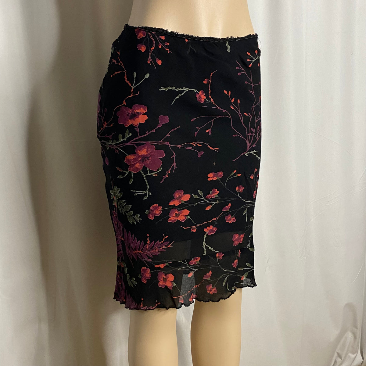 Y2K Black Pink Floral Print Mesh Overlay Knee-Length Skirt Size XS/S