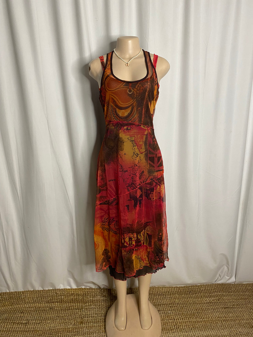 Y2K Abstract Graphic Map Print Mesh Midi Dress  Size M