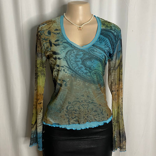Abstract Paisley Mesh Bell-Sleeve V-Neck Top Size L
