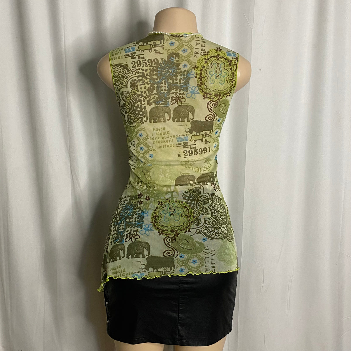 Vintage Graphic Elephant Mesh Asymmetrical Top  Size S