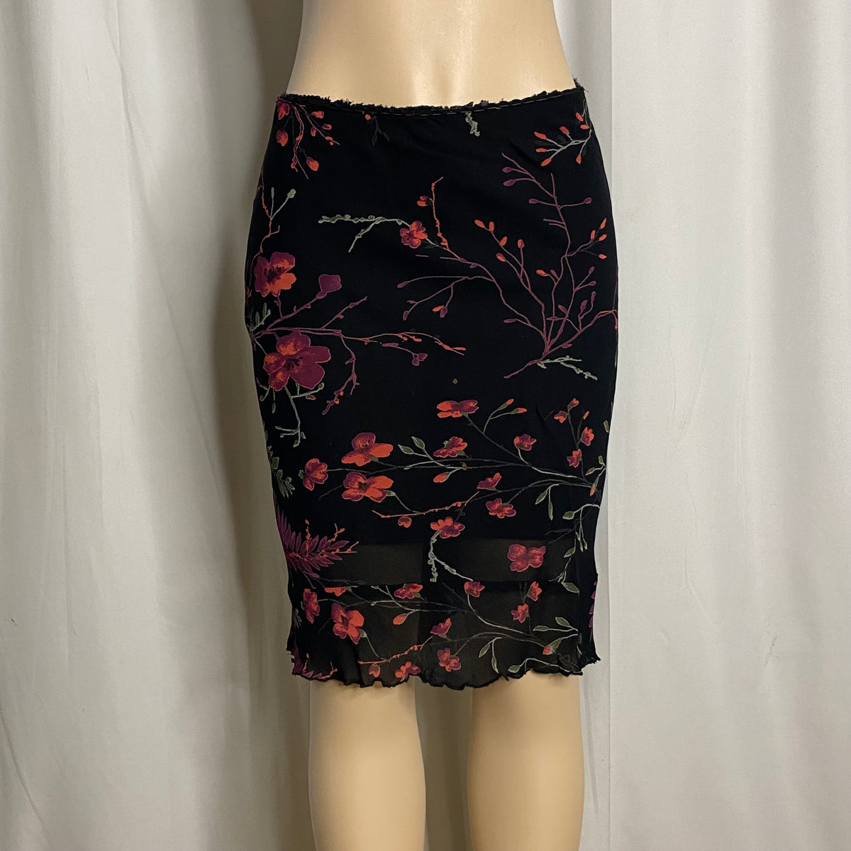 Y2K Black Pink Floral Print Mesh Overlay Knee-Length Skirt Size XS/S