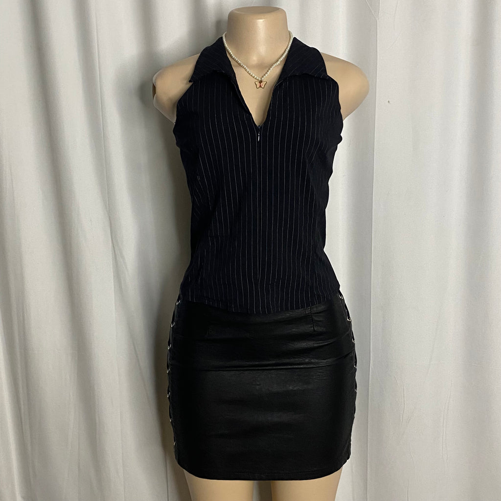 Y2K Navy Pinstripe Zip-Up Halter Top  Size XL