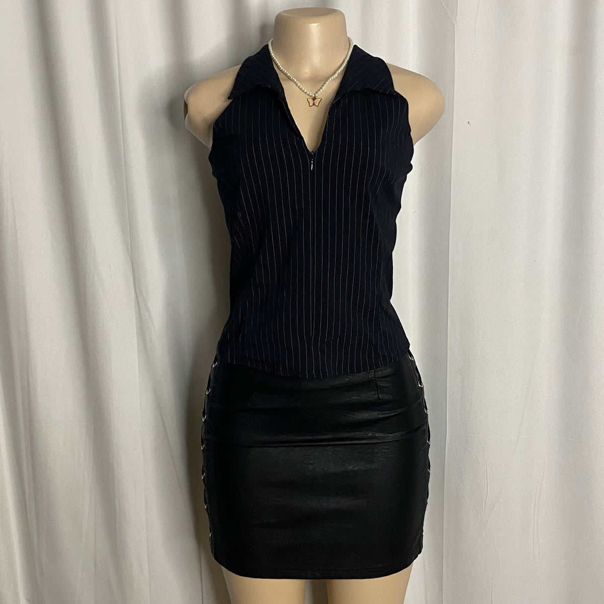 Y2K Navy Pinstripe Zip-Up Halter Top  Size XL