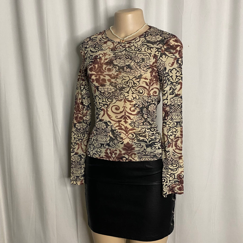 Damask Baroque Print Sheer Mesh Long-Sleeve Top Size S