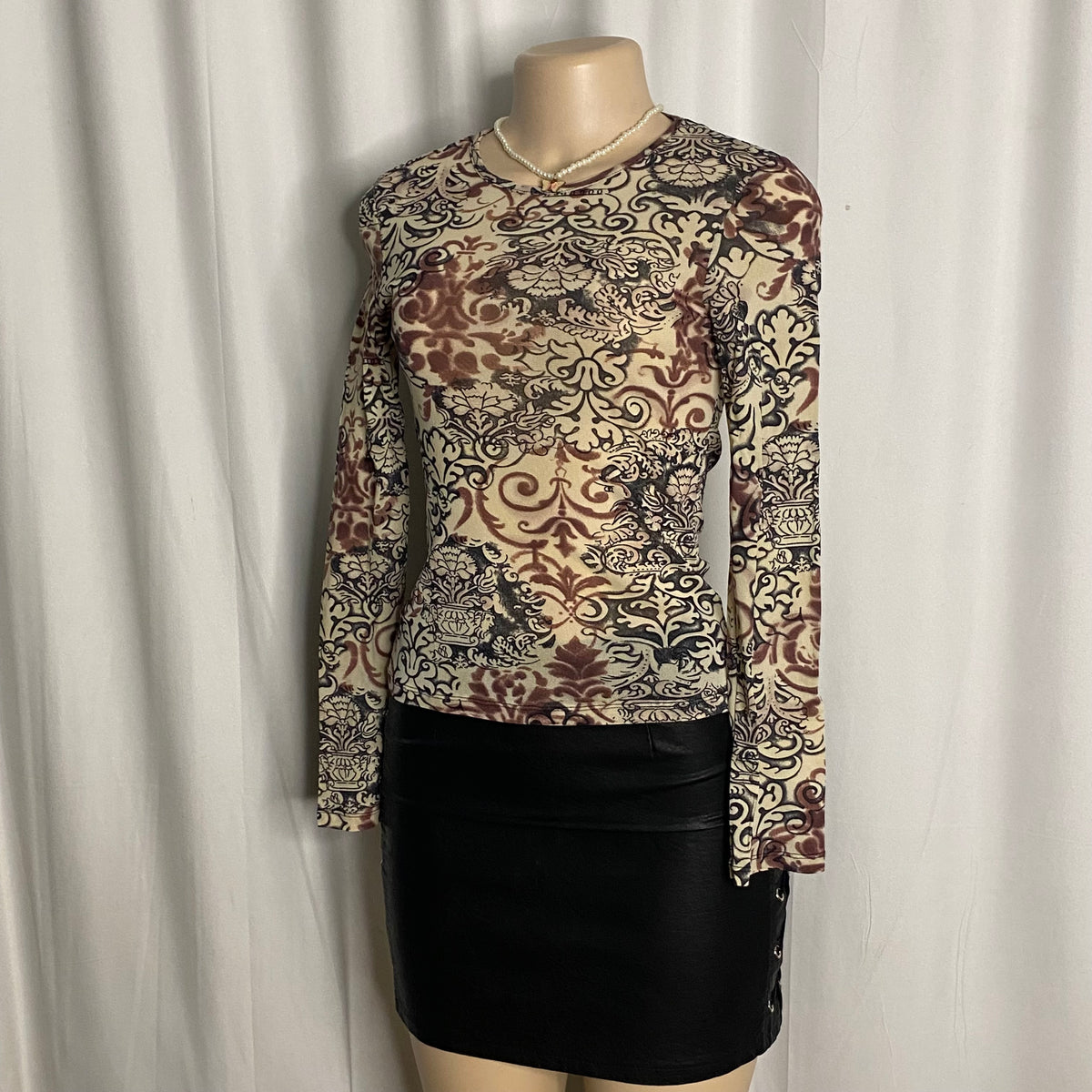 Damask Baroque Print Sheer Mesh Long-Sleeve Top Size S