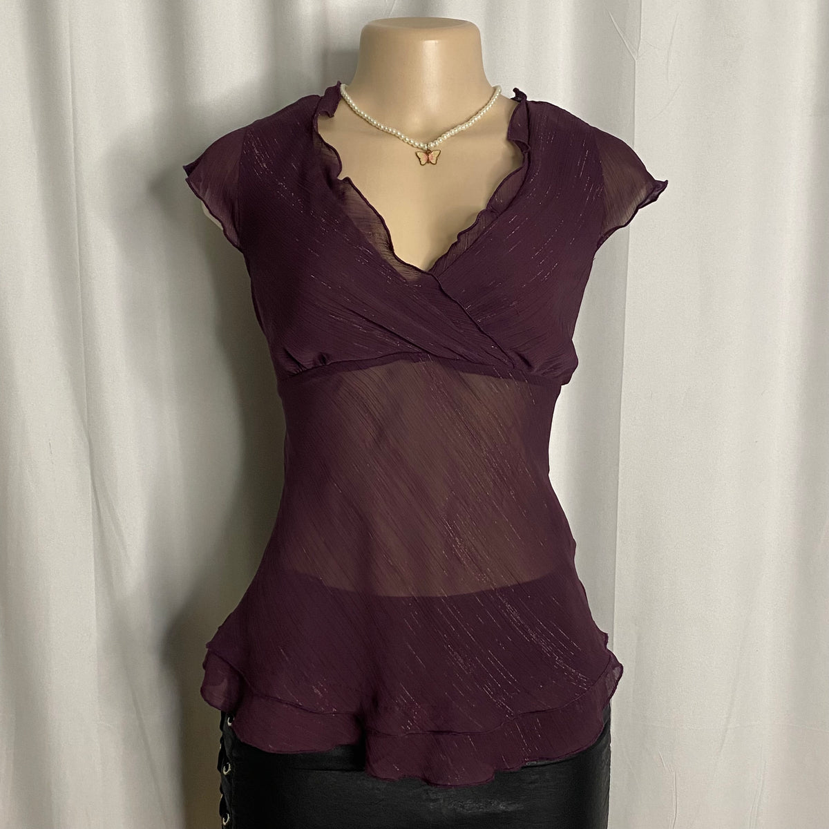 Vintage Plum Shimmer Chiffon Ruffle Wrap Blouse  Size S/M