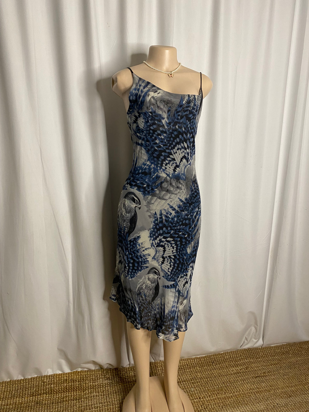 Y2K Blue Bird & Feather Graphic Mesh Slip Dress Size S