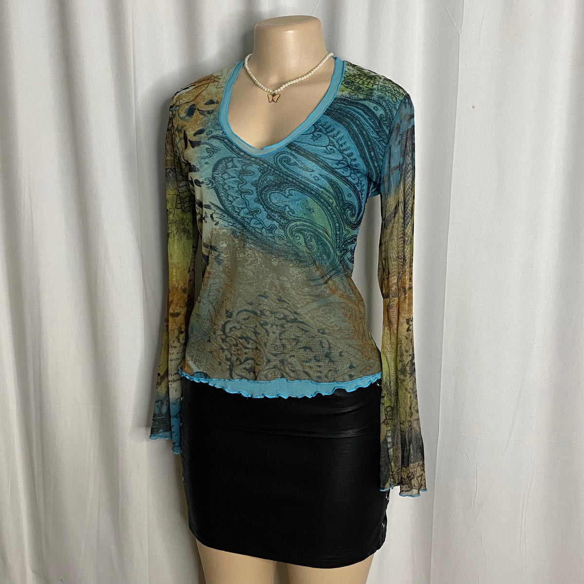 Abstract Paisley Mesh Bell-Sleeve V-Neck Top Size L