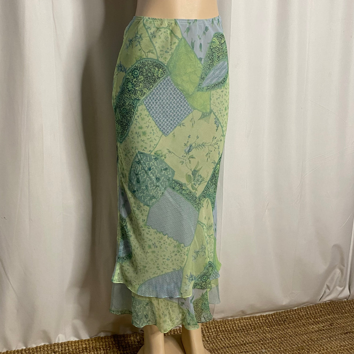 Vintage Y2K Green Patchwork Paisley Mesh Maxi Skirt | Cottagecore Layered Flounce Hem Skirt  Size S
