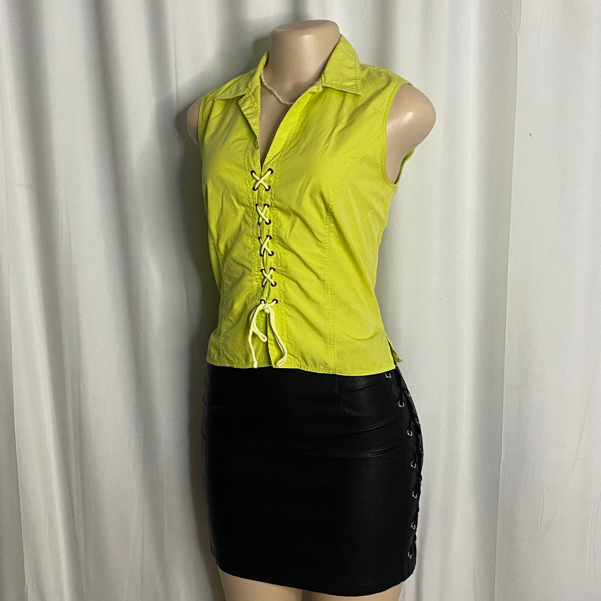 Y2K Lime Green Lace-Up Sleeveless Top Size M