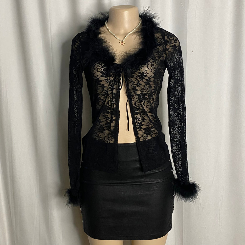 Faux Fur-Trimmed Sheer Floral Lace Cardigan  Size S