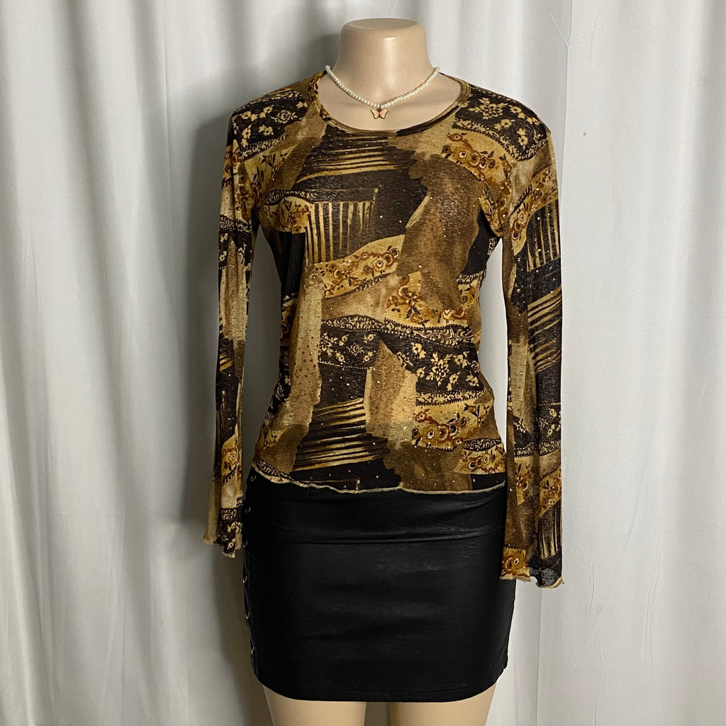 Abstract Patchwork Glitter Print Sheer Mesh Top  Size M