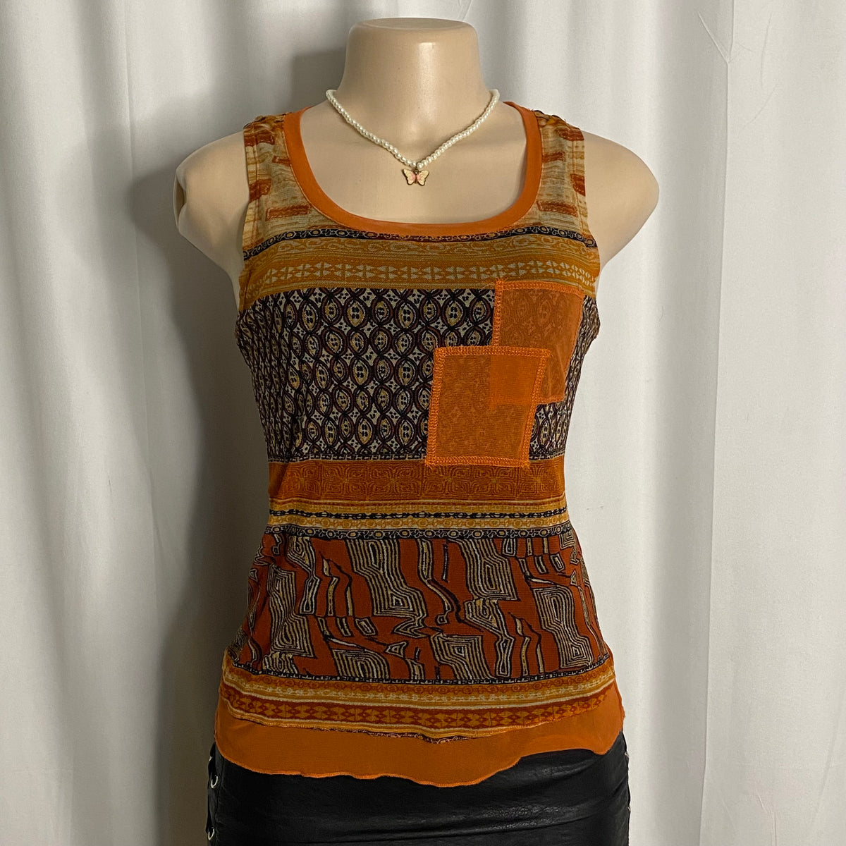 Vintage Earth-Tone Geometric Patchwork Mesh Tank  Size M