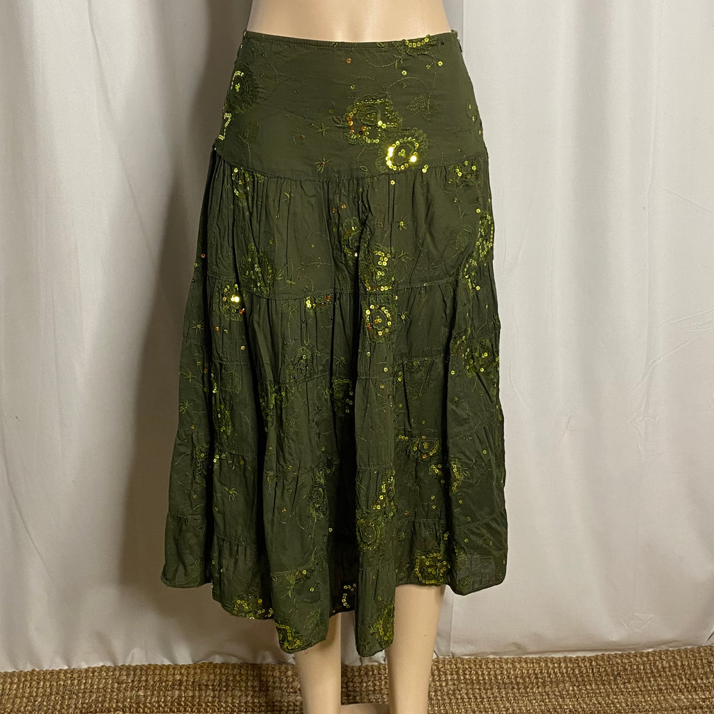 Vintage Olive Green Sequin Embroidered Tiered Midi Skirt  Size S/M