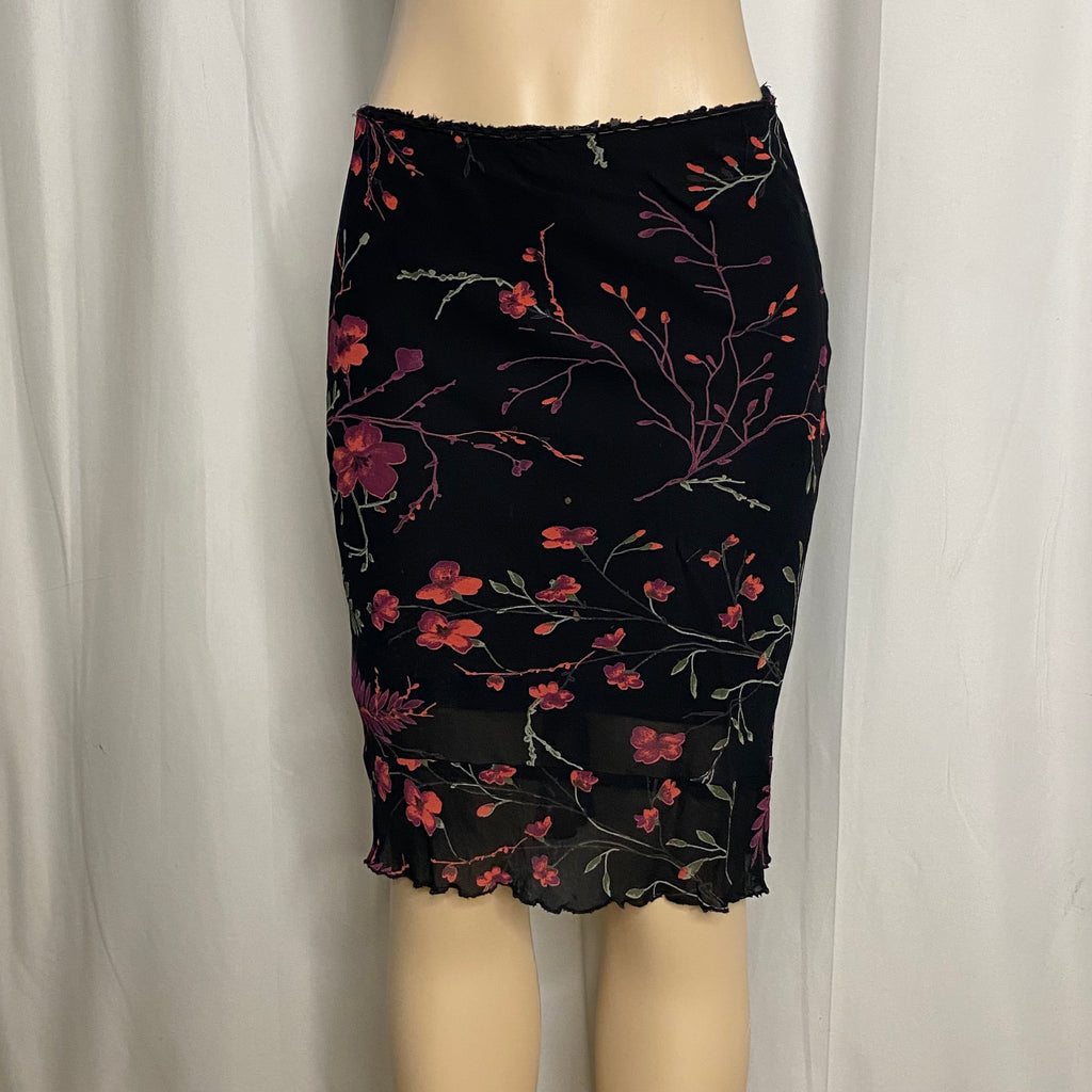 Y2K Black Pink Floral Print Mesh Overlay Knee-Length Skirt Size XS/S