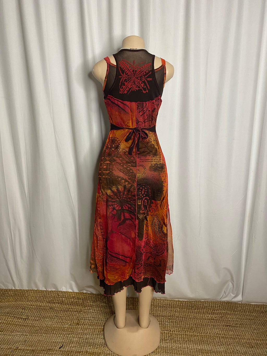 Y2K Abstract Graphic Map Print Mesh Midi Dress  Size M