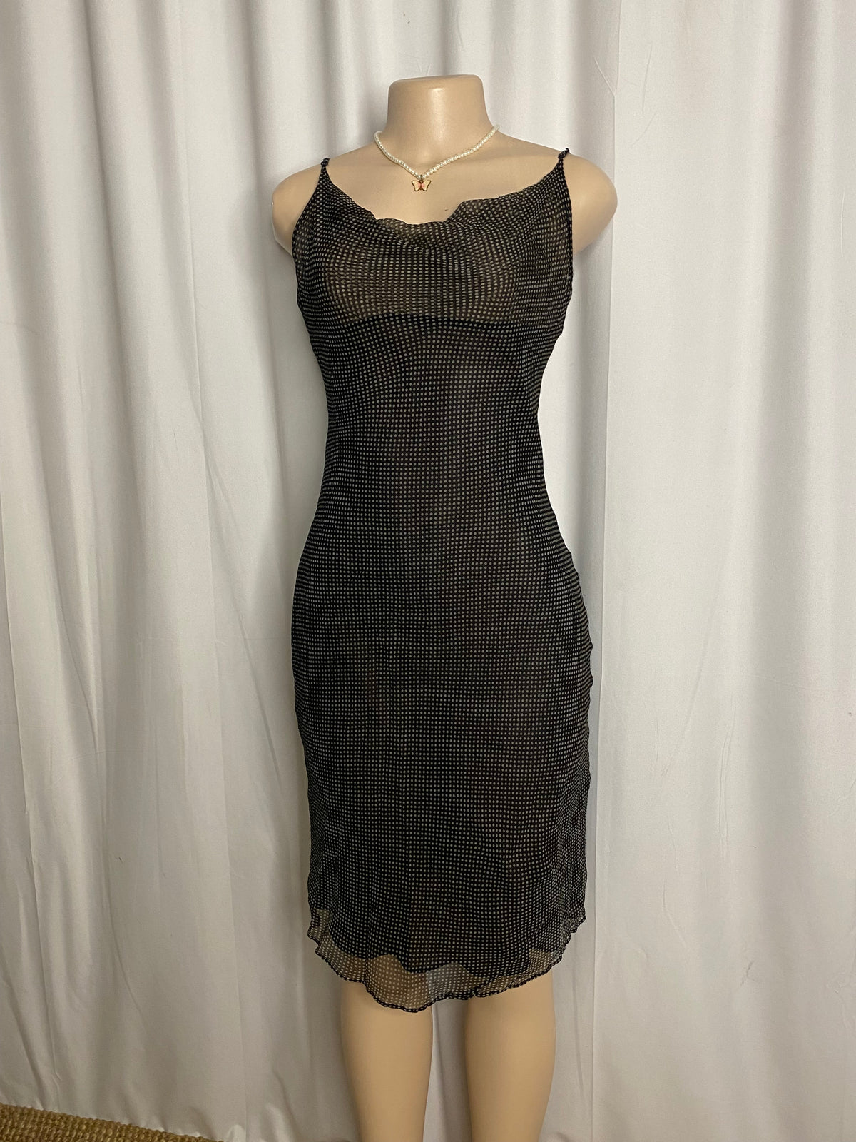 Y2K Black and White Polka Dot Cowl Neck Mesh Slip Dress  Size M