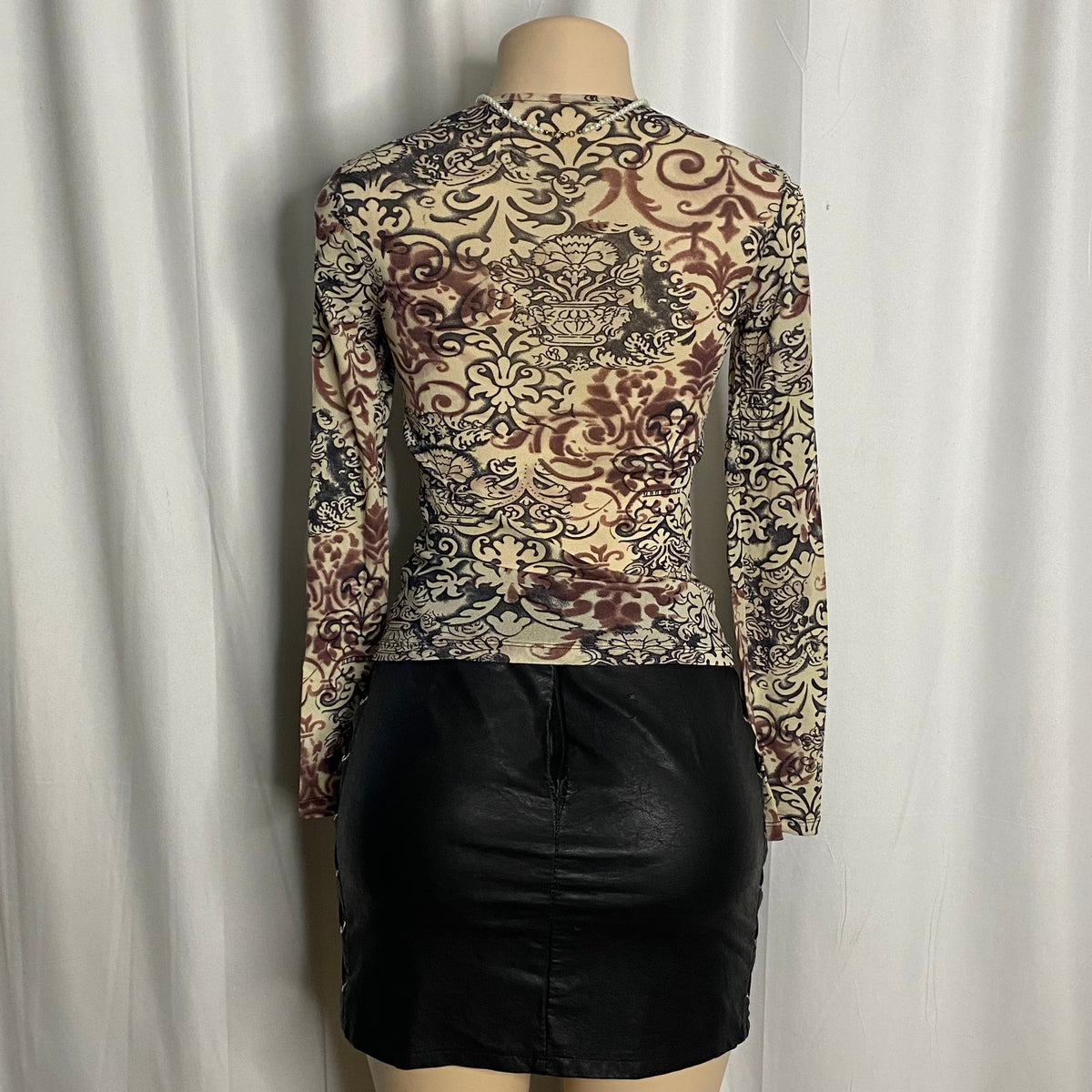 Damask Baroque Print Sheer Mesh Long-Sleeve Top Size S