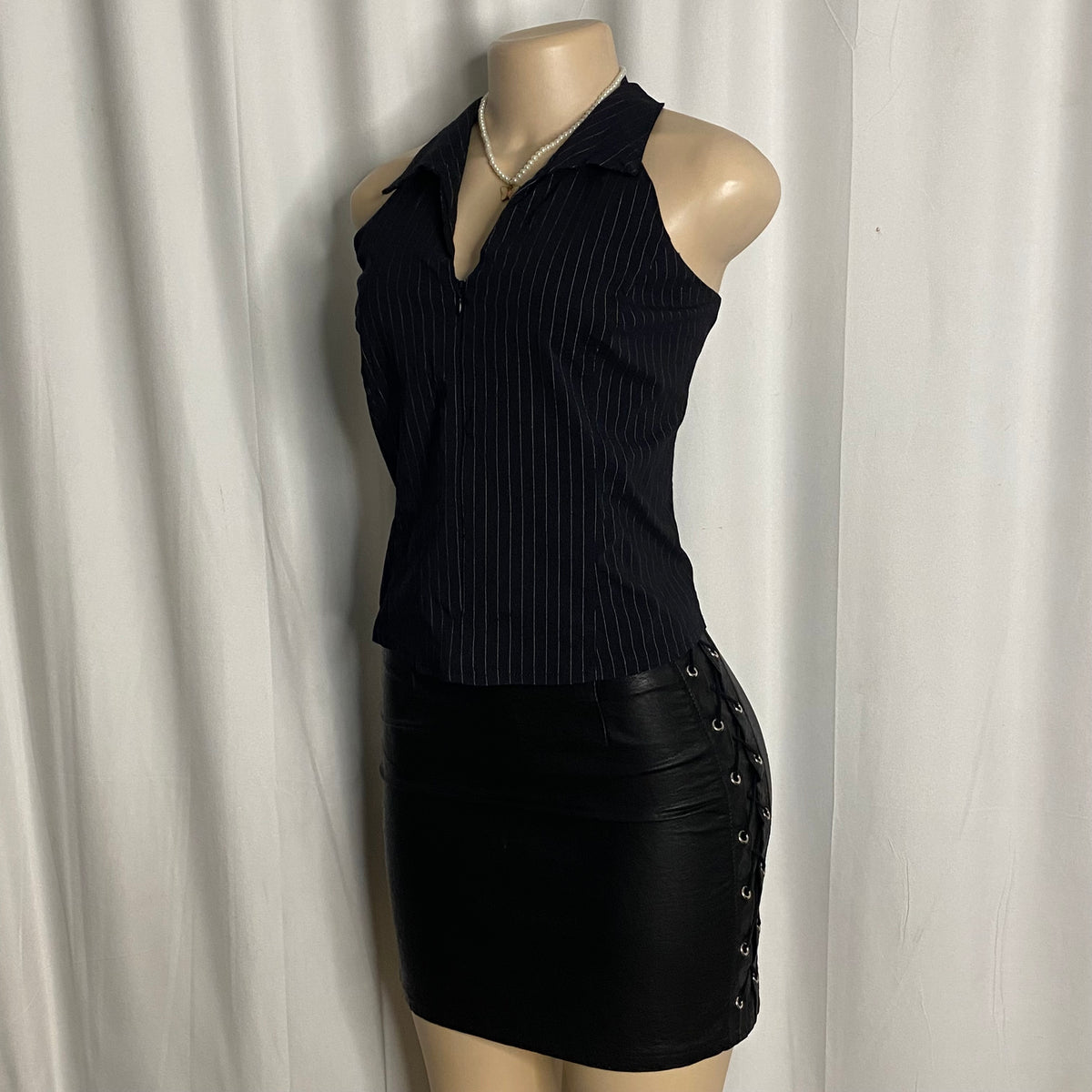 Y2K Navy Pinstripe Zip-Up Halter Top  Size XL