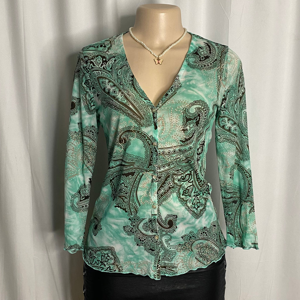 Paisley Print V-Neck Button-Up Mesh Cardigan Size M