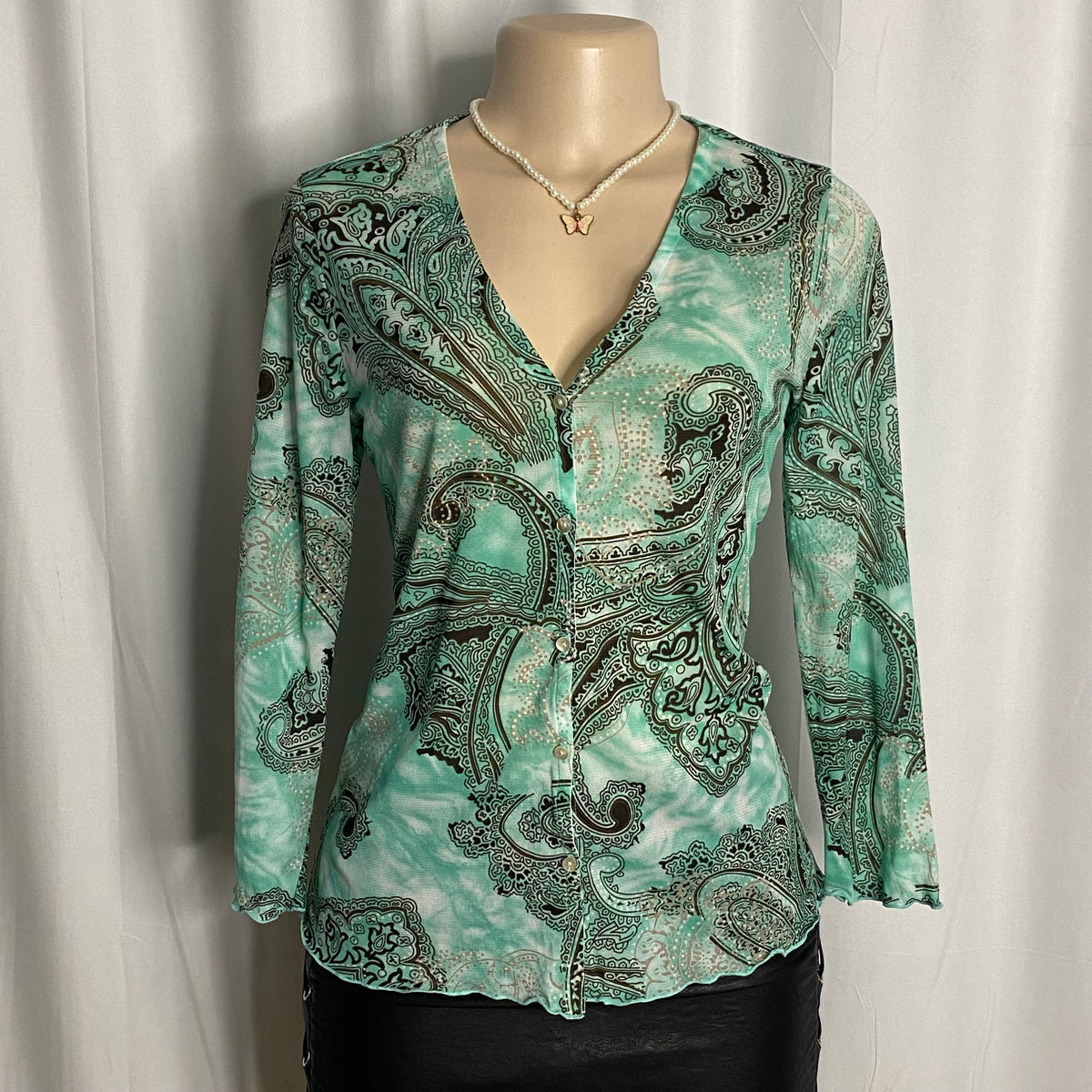 Paisley Print V-Neck Button-Up Mesh Cardigan Size M