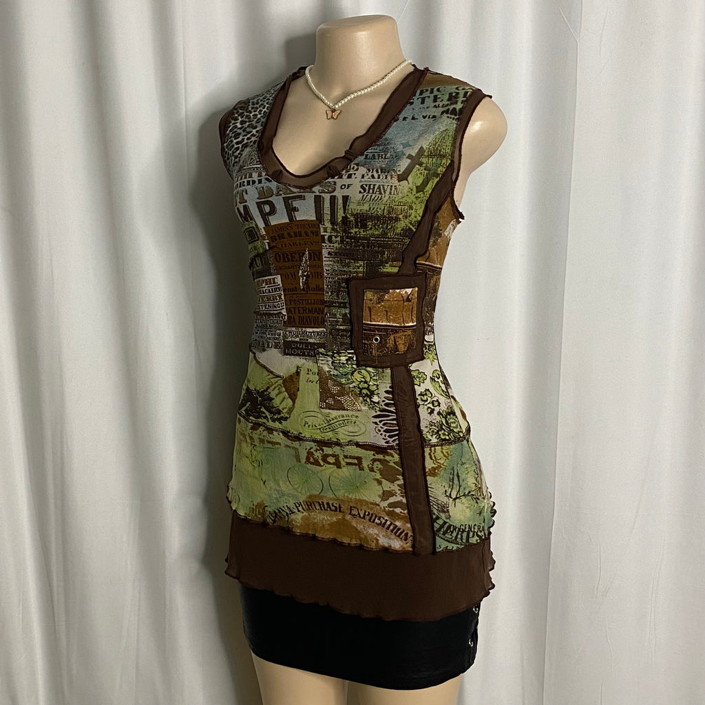 Vintage Y2K Mixed Print Asymmetric Mesh Tunic Size L