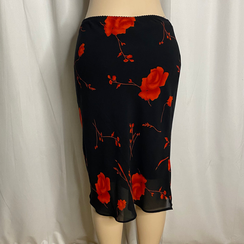 Vintage Y2K Black & Red Floral Mesh Overlay Midi Skirt | Sheer Hem Rose Print Pencil Skirt  Size M