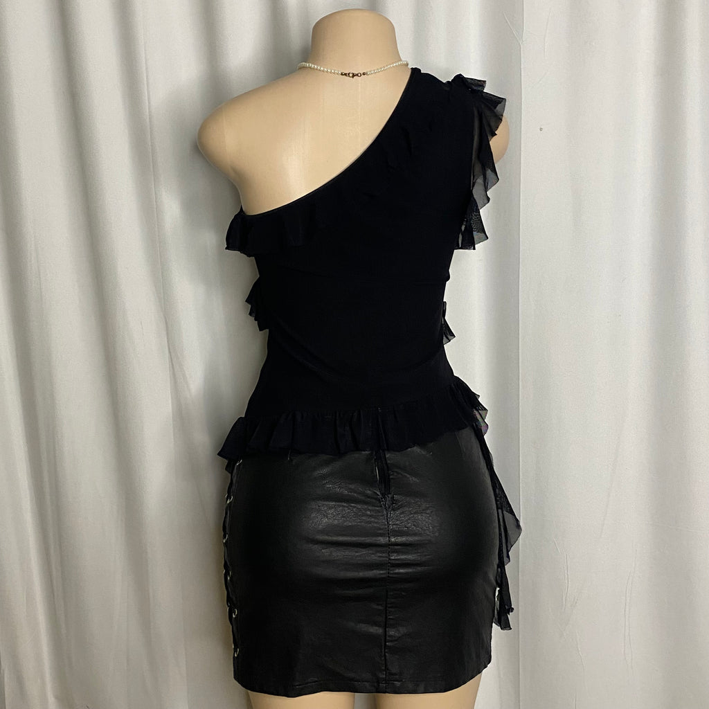 Vintage Black One-Shoulder Cascading Ruffle Top Size S